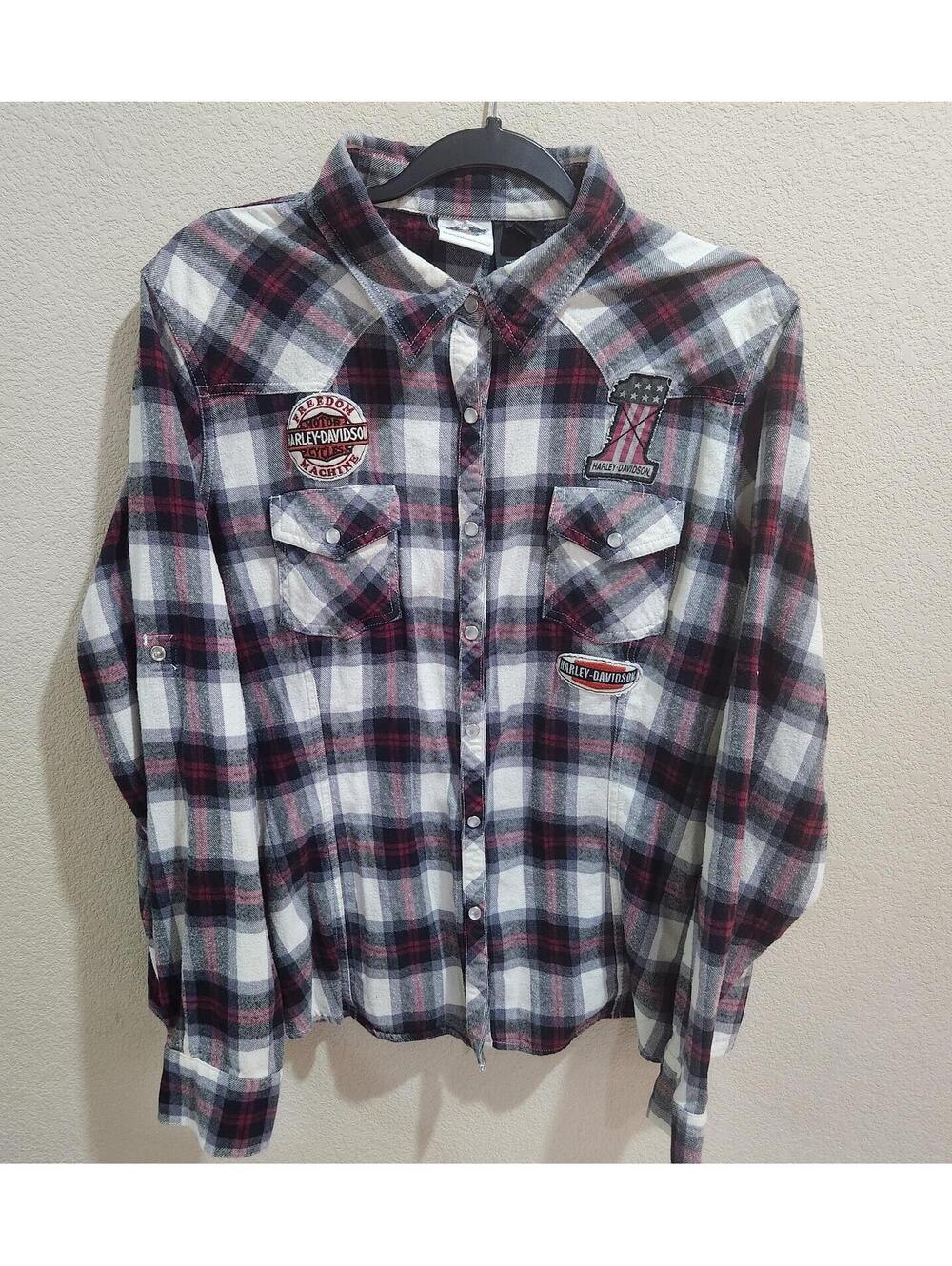 Harley-Davidson Womens 2W-2X Wide Plaid Flannel Shirt Button Up multiple patches